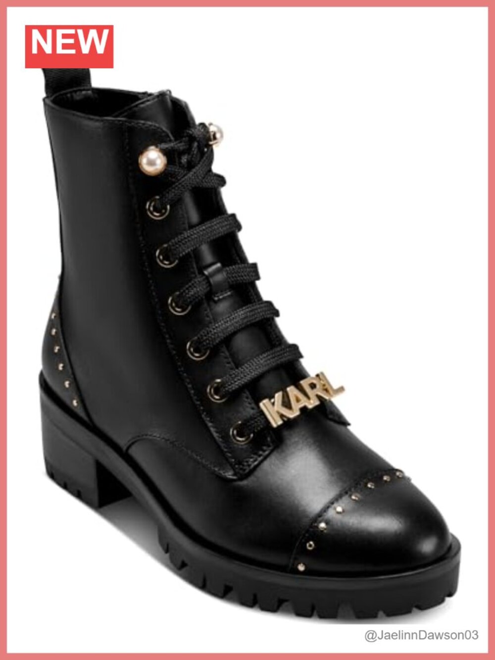 Lace Up Combat Boot Pearl Embellishments Karl Hardware Ankle Block Heel